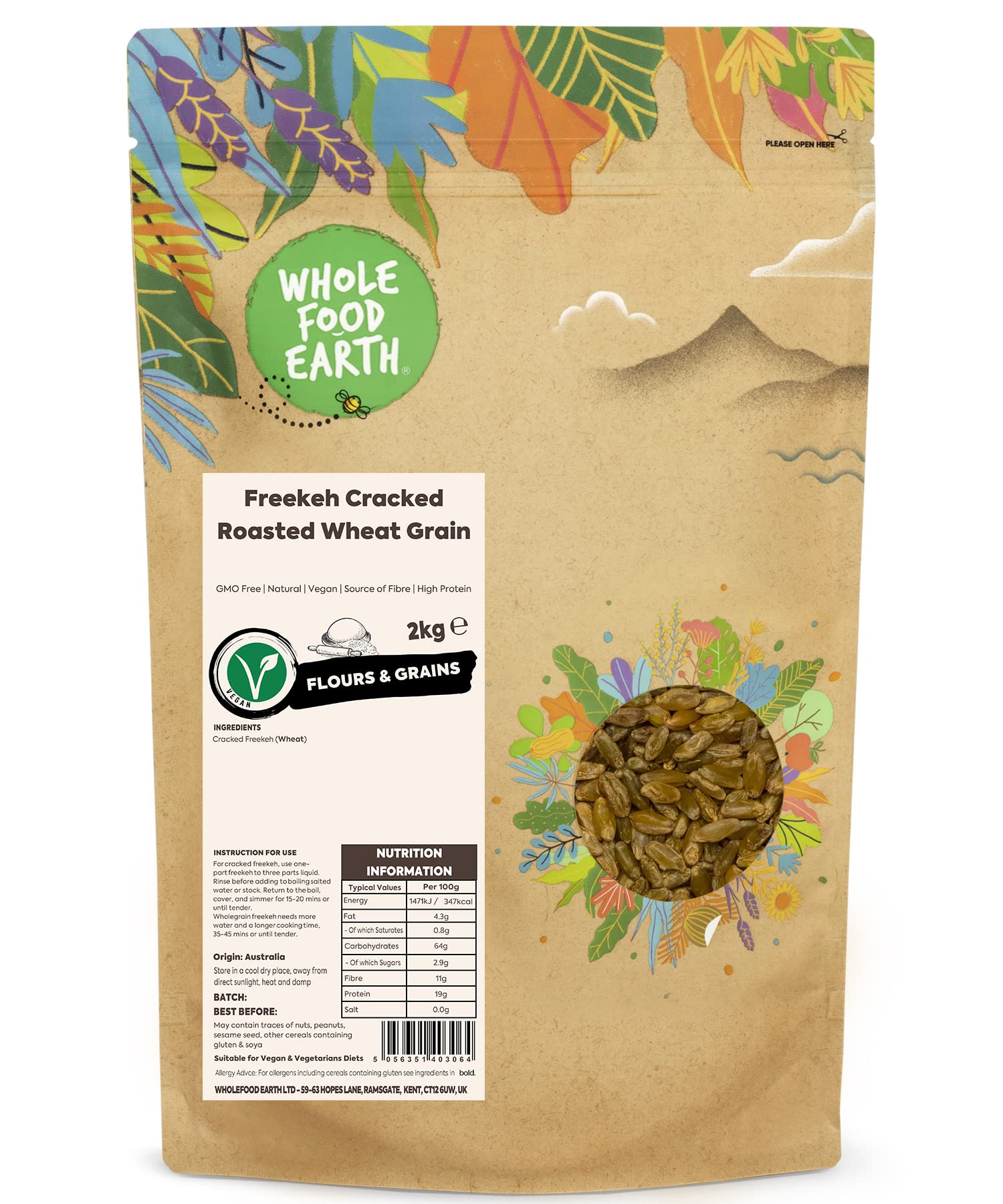 Whole Food Earth® - Freekeh Cracked Roasted Wheat Grain 2 kg | GMO Free | Natural | Source of Fibre | High Protein