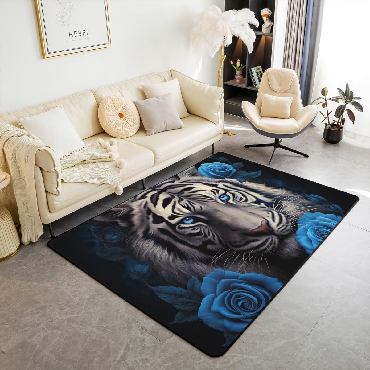Feelyou White Tiger Area Rug 3x5 Kids Blue Rose Decorative Rug for Boys Girls Teens Wild Animal Living Room Rugs Wildlife Indoor Floor Mat Non-Slip Room Decor