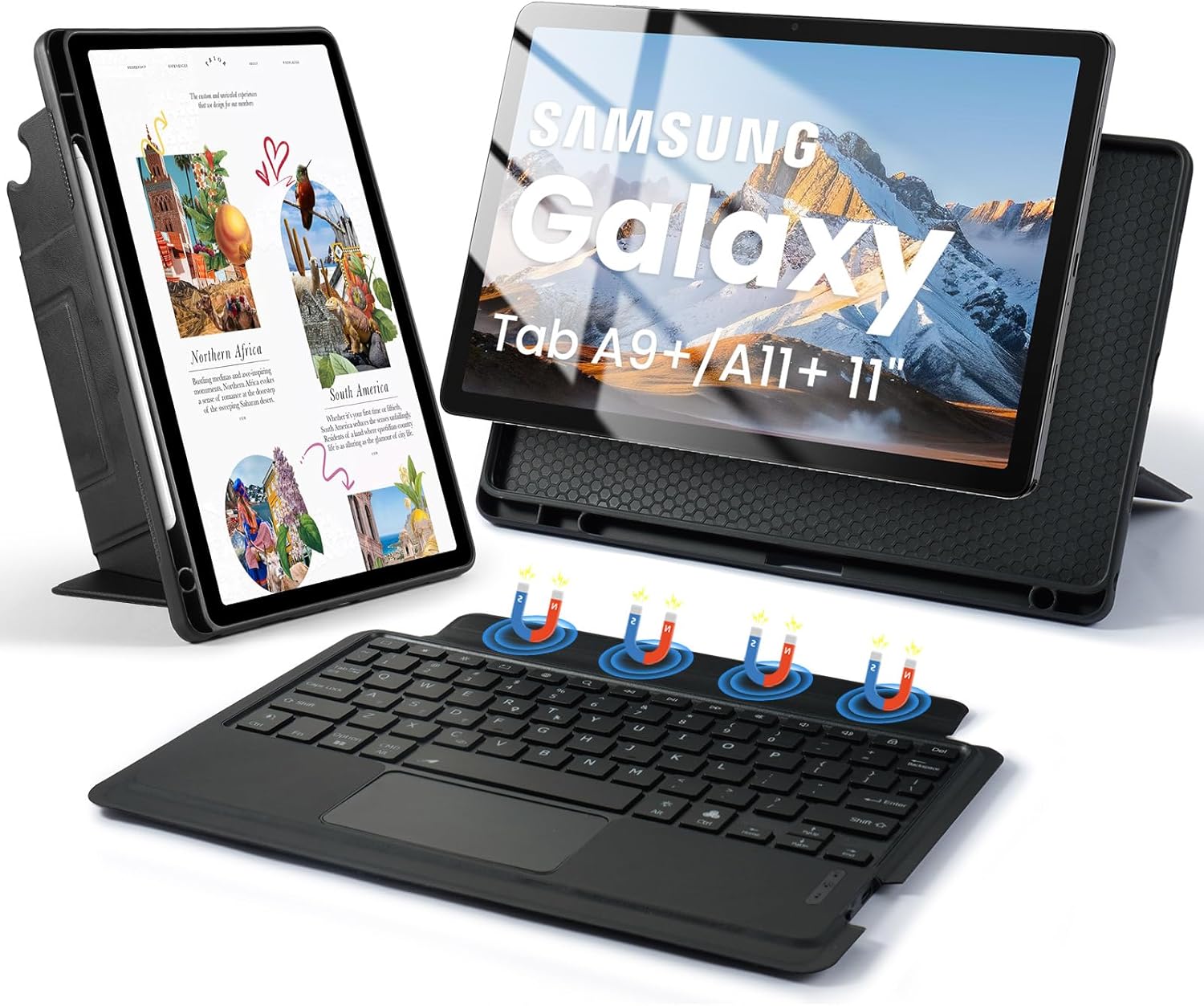 SOPPY Rotatable Backlit Keyboard Case with Trackpad for Samsung Galaxy Tab A11 Plus 2025 / A9 Plus 11 Inch 2023, 7-Color Backlight, Slim Cover with Detachable Keyboard for Galaxy Tab A9+/A11+, Black