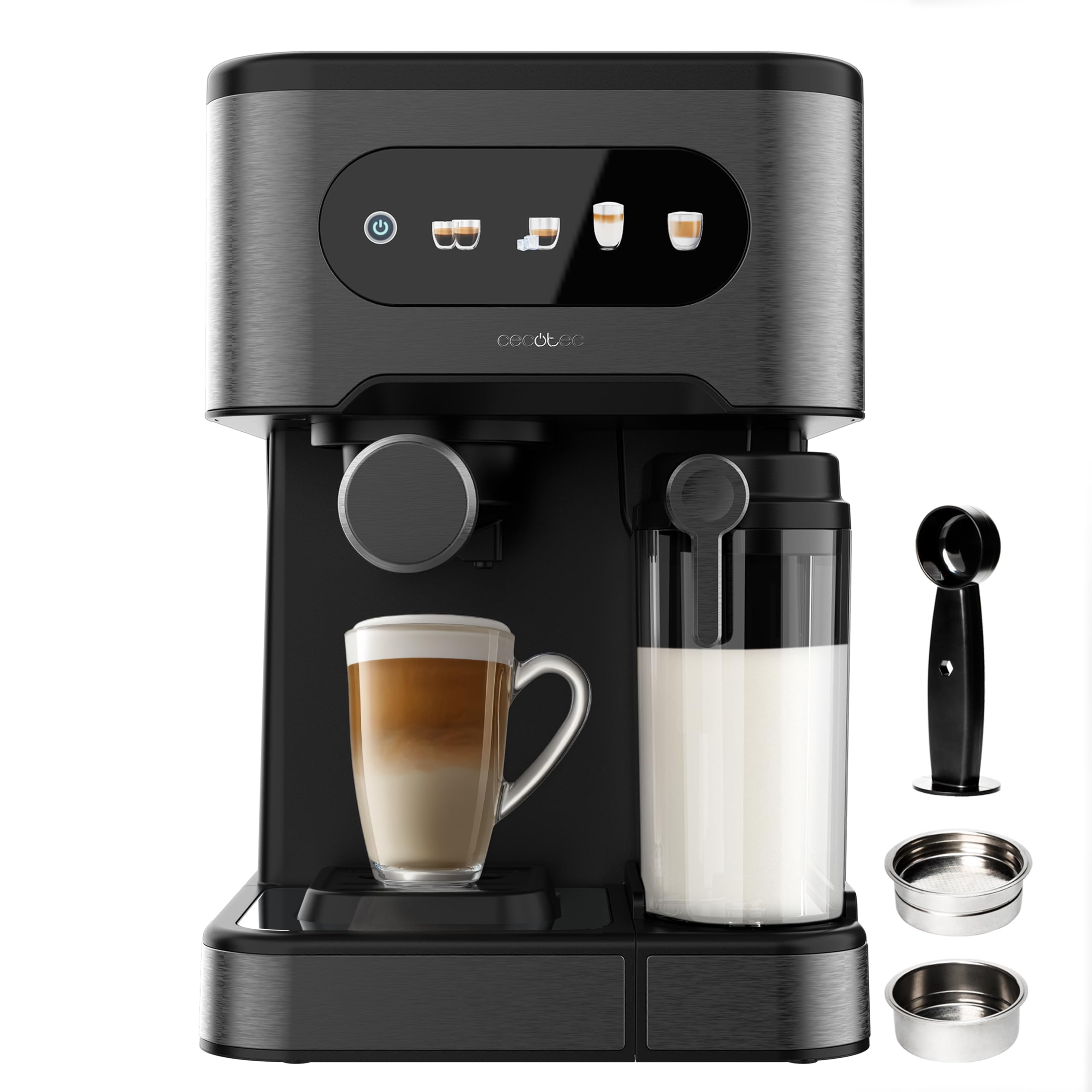 Cecotec Coffee Maker Express Power Espresso 20 ColdBrew Latte Fresh. 1350W, 20Bars, ColdBrew, Touch Color Screen, Water Tank 1.5L, 500ml Milk, Dark Steel, Cup Warmer, Double Arm, Detachable