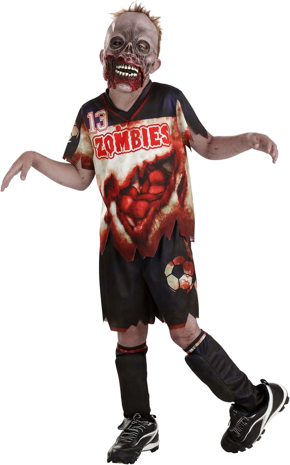 Kids Zombie Soccer Player Sports Halloween Costume with Shirt, Shorts, Mask, and Leg Pads