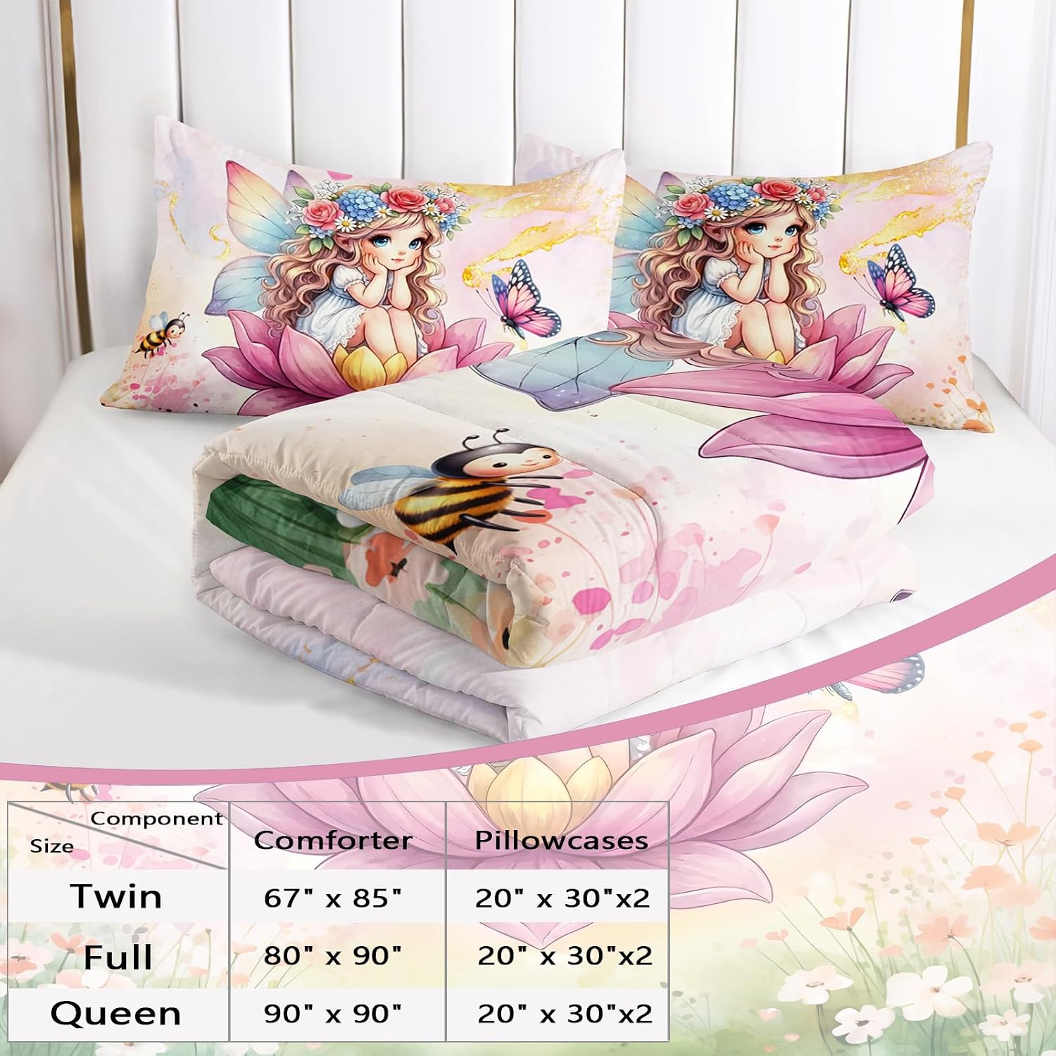 AILONEN Twin Beautiful Fairy Girls Comforter Set,Cute Girls Bedding Set for Kids Teen,Tie Dye Flower Butterfly Pink Comforter Set 3 Piece,1 Comforter with 2 Pillowcases