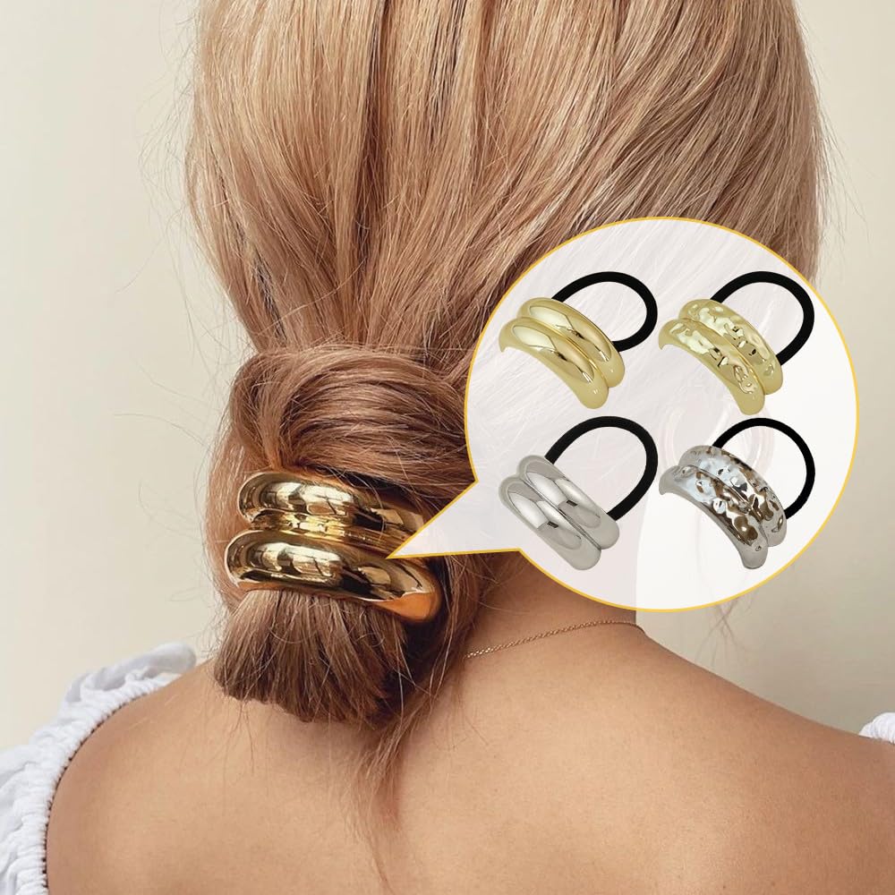 4Pcs Gold Metal Ponytail Cuff Hair Ties - Elastic Hair Bands for Thick Hair Stylish Ponytail Holders & Accessories - Image 3