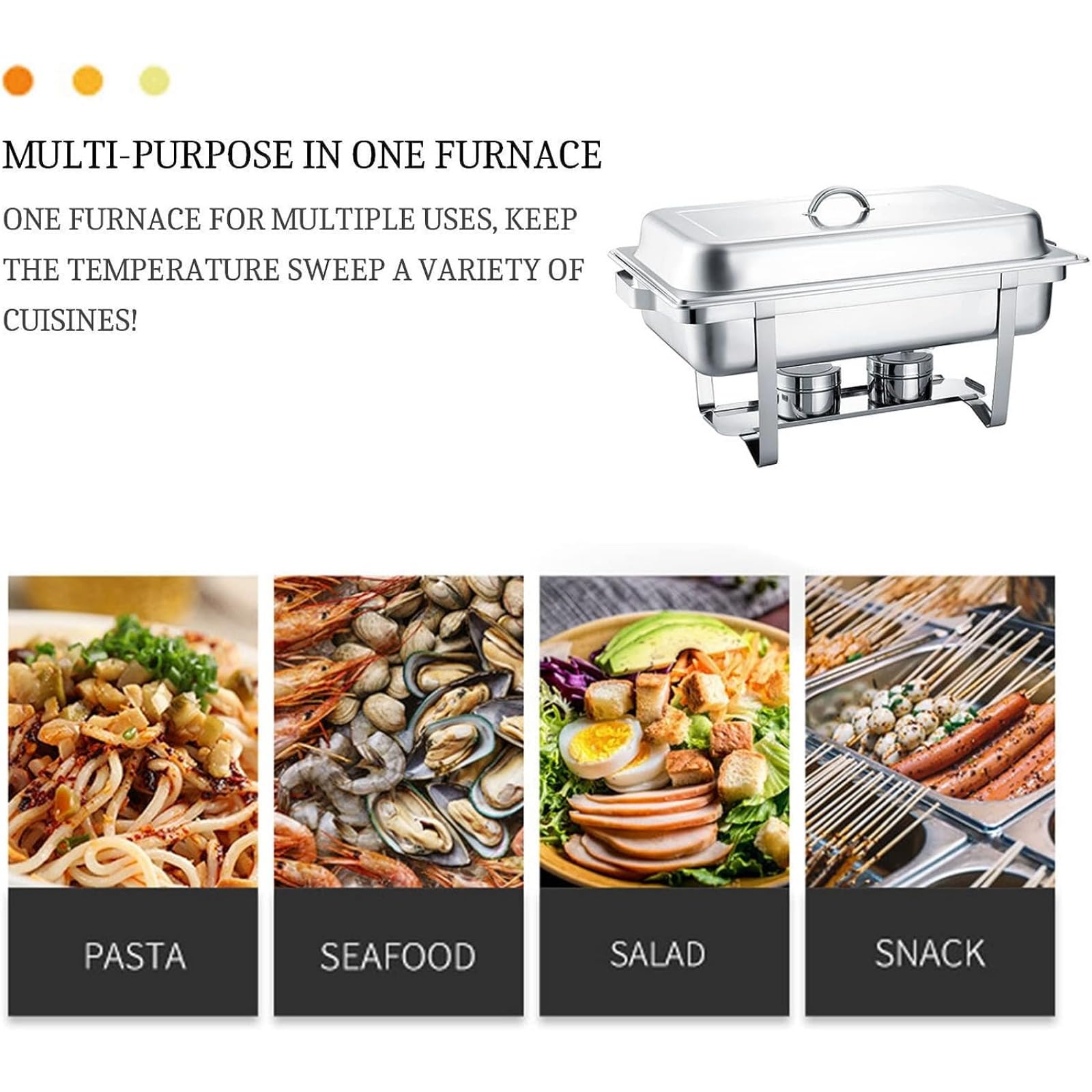 Set di scaldavivande in Acciaio Inossidabile Resistente - Contenitori per Alimenti da 9 Litri per Catering, Buffet, scaldavivande, Sala da Pranzo - per Feste o Banchetti