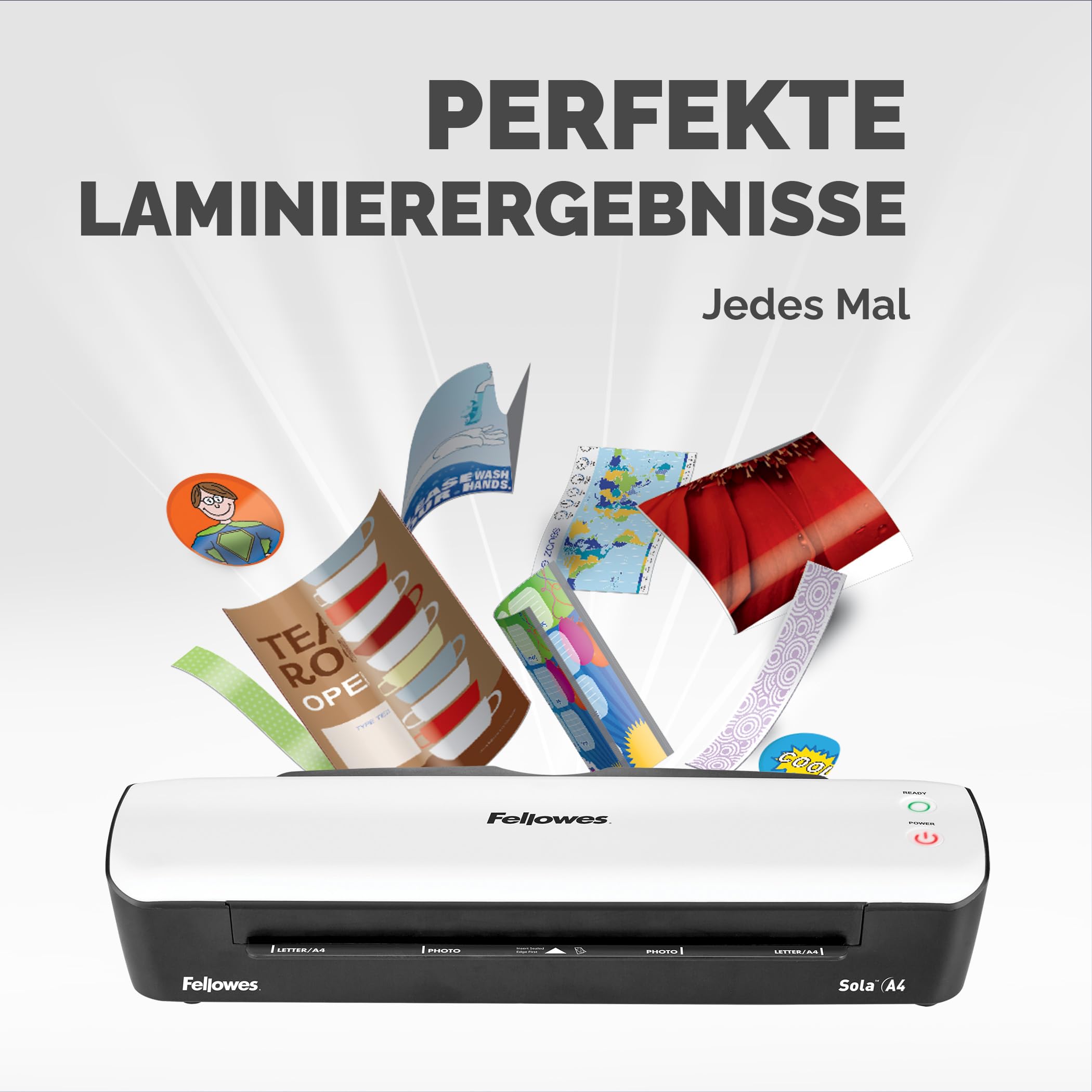 Fellowes Laminiergerät A4 Sola für Zuhause und Homeoffice, für Laminierfolien bis 125 Mikron Stärke, staufrei, Laminiergerät zum Laminieren von Fotos, Dokumenten, Rezepten, Lernkarten uvm.