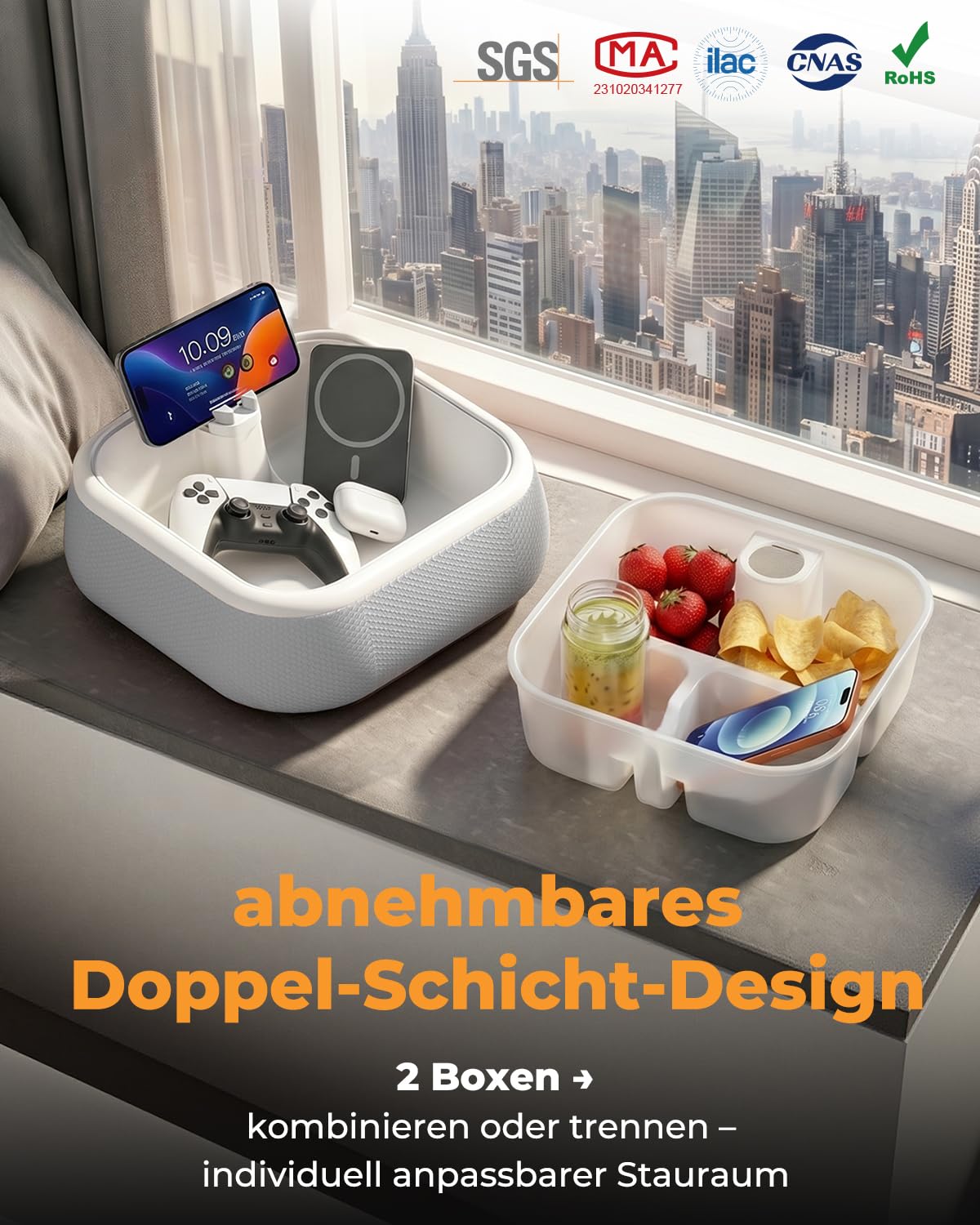 SupeDesk Organizer-Tablett mit verstellbarer Halterung für Smartphone & Kindle, wasserfester Aufbewahrungskorb mit herausnehmbaren Trennwänden,vielseitiger Organizer für Nachttisch,Sofa, Bett und Pool