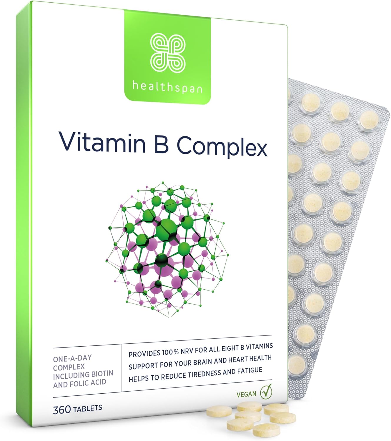 Healthspan Vitamin B Complex (12 month’s Supply) | High Levels of 8 B-Complex Vitamins | Heart Health, Mental Performance & Psychological Function | Combat Tiredness & Fatigue | Gelatin Free | Vegan