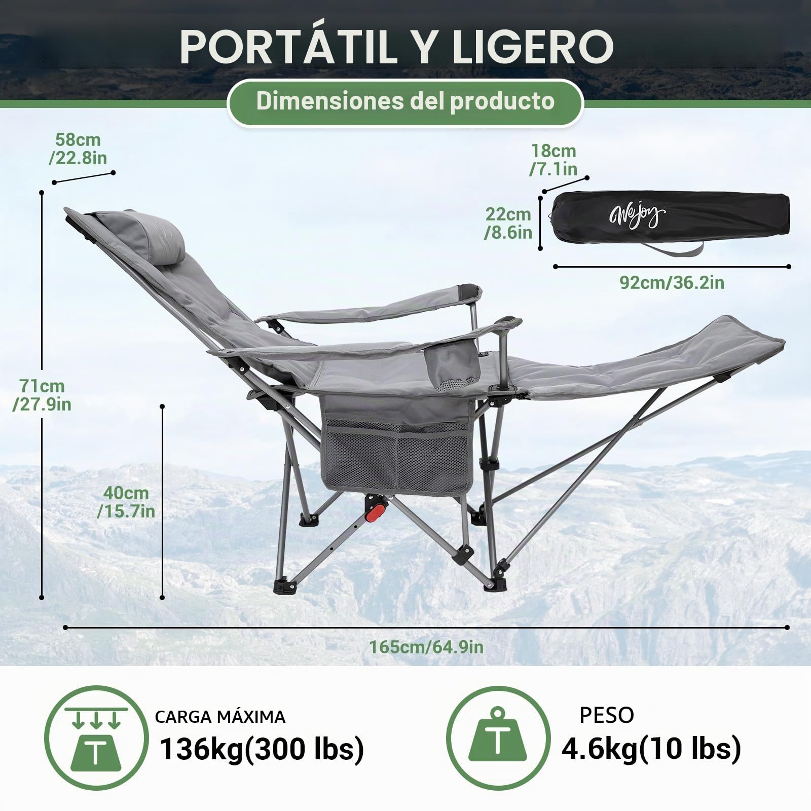 #WEJOY Sillas reclinables plegables ajustables con reposapiés desmontable, soporte para tazas, ligera, portátil, acolchada, reclinable, para playa, jardín, juego de 2 unidades
