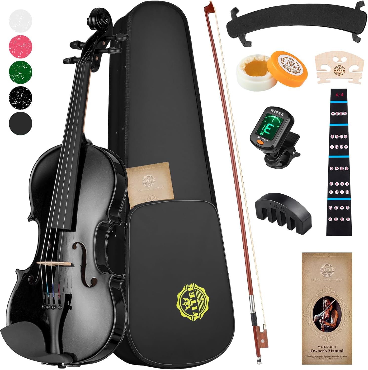 Black Violin for Beginners, WITEK Violin 4/4 for Student with Handmade Violin of Pearlescent Include Hard Case, Violin Bow, Violin Bridge, Rosin, Shoulder Rest, Tuner, Mute, Fingerboard and Manual