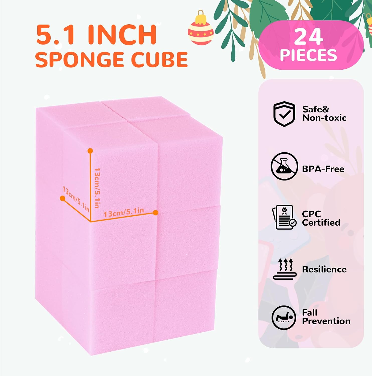 Foam Pit Blocks Foam Padding Sponge Pit Cubes Sponge Blocks for Amusement Park Gymnastics Freerunning and Parkour Courses - 24PCS 5" x 5" x 5" (Pink)