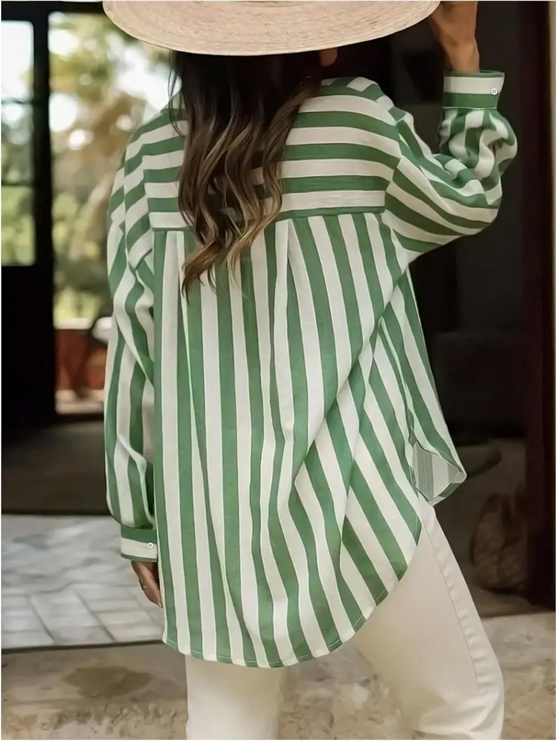 GORGLITTER Women's Striped Button Down Shirt Dressy Long Sleeve Blouses Business Casual Collared Office Siren Work Shirt Green X-Large - Image 2