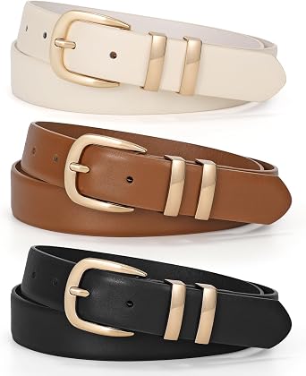 LEACOOLKEY 3 Pack Women Leather Belts for Jeans Gold Buckle Fashion Ladies Leather Belt for Dresses