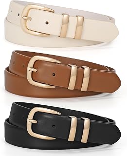 LEACOOLKEY 3 Pack Women Leather Belts for Jeans Gold Buckle Fashion Ladies Leather Belt for Dresses