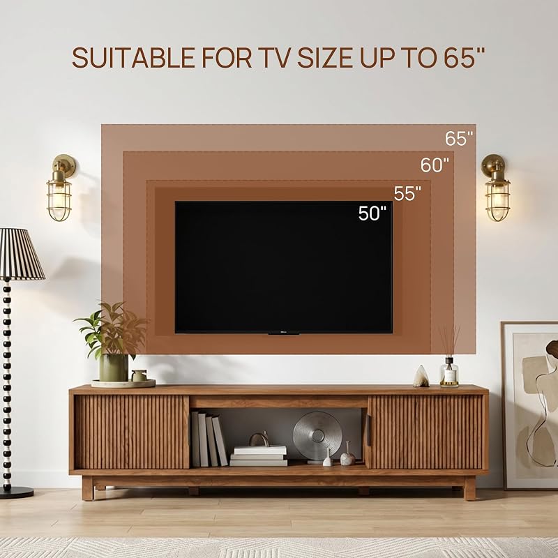 Fluted TV Stand, Mid Century Modern TV Stands for Living Room, Walnut Entertainment Center for 55/60/65 Inch TV, Media Console with Storage Cabinets and Open Shelves, 58" Long image 7