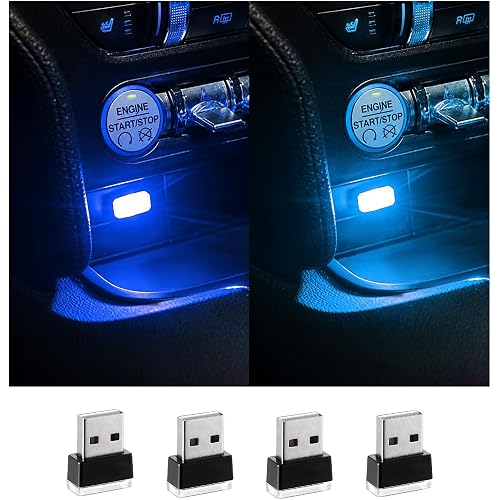 Augeny 4 PCS USB LED Car Interior Atmosphere Lamp, Plug-in USB Decor Night Light, Portable Auto Ambient Lighting Kit, Universal Vehicle Interior Accessories for Most Cars (Blue & Ice Blue)
