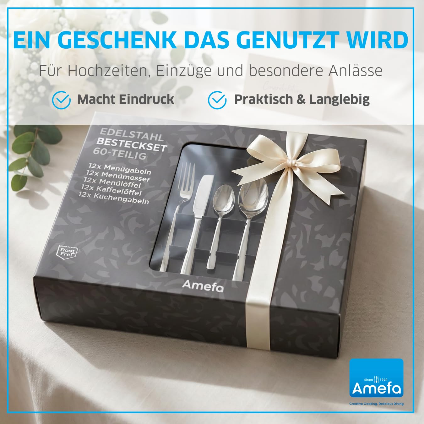 Amefa Fresh Besteckset 12 Personen, Besteck Set 60-teilig, Edelstahl Rostfrei, Besteck Spülmaschinenfest, Essbesteck, Tafelbesteck