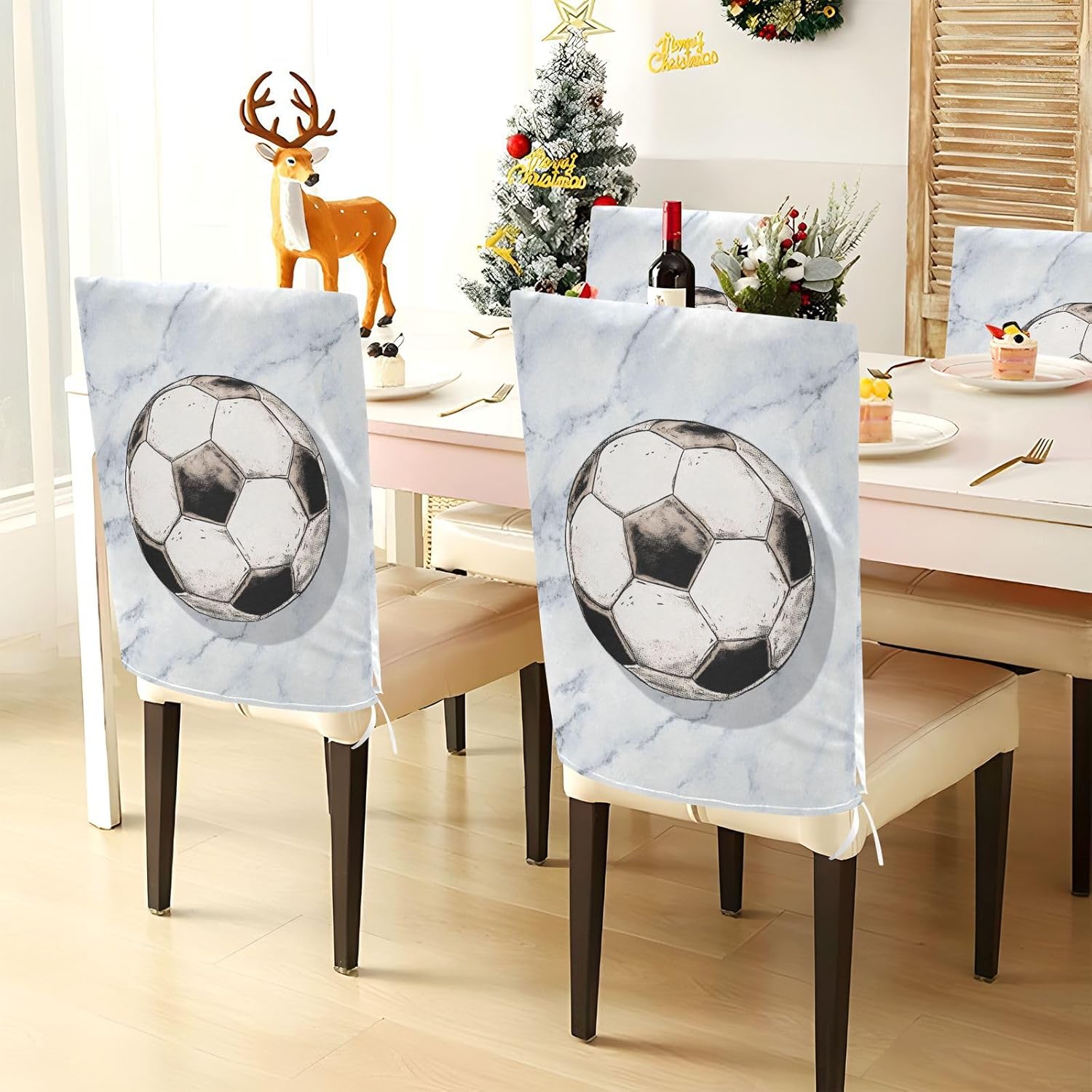 ALAZA Vintage Soccer Ball and Marble Chair Back Cover Set of 6, Washable Reusable Removable Chair Slipcovers Decorative Chair Cover for Home Kitchen Wedding Party