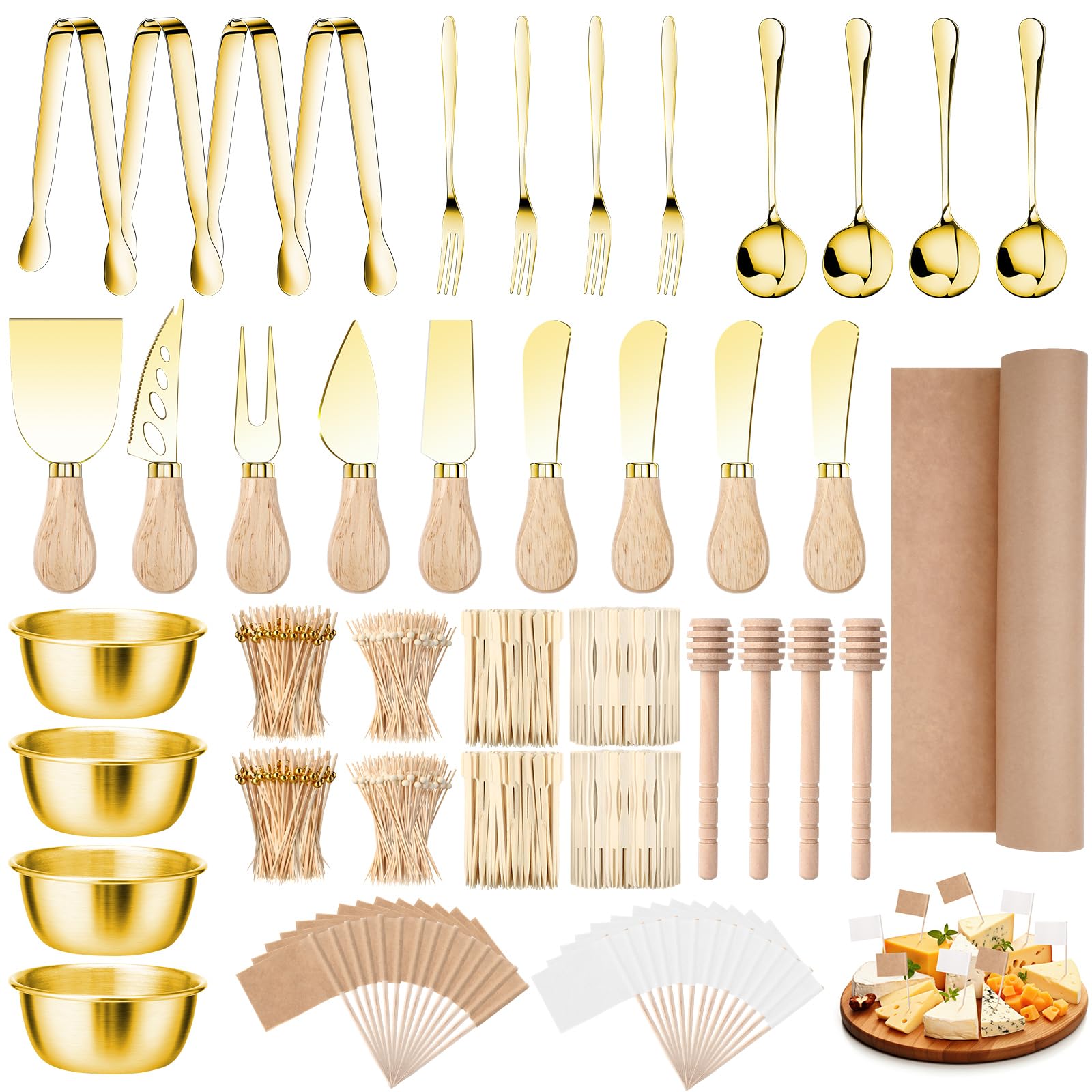 270 Pcs Charcuterie Board Accessories Cheese Butter Spreader Knife Set Butcher Paper Roll Serving Tongs Forks Spoons Dipping Bowls Dippers Cocktail Picks for Party Wedding Christmas (Gold)