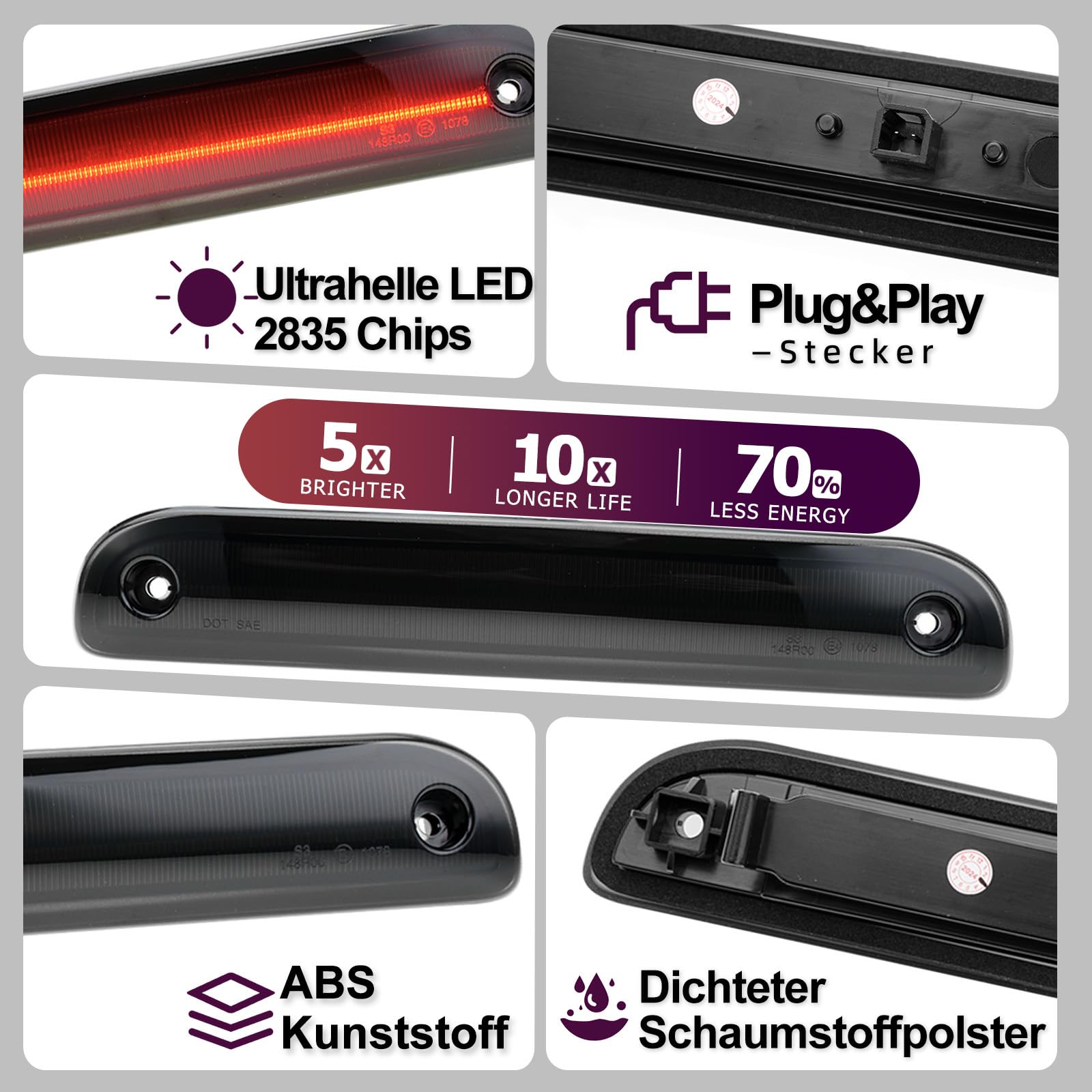 LED 3. Bremslicht Bremsleuchte für 2006–2025 F.iat Ducato 250 III, C.itroen Jumper II, P.eugeot Boxer II Dritte Bremsleuchte Rauchglas Rücklicht