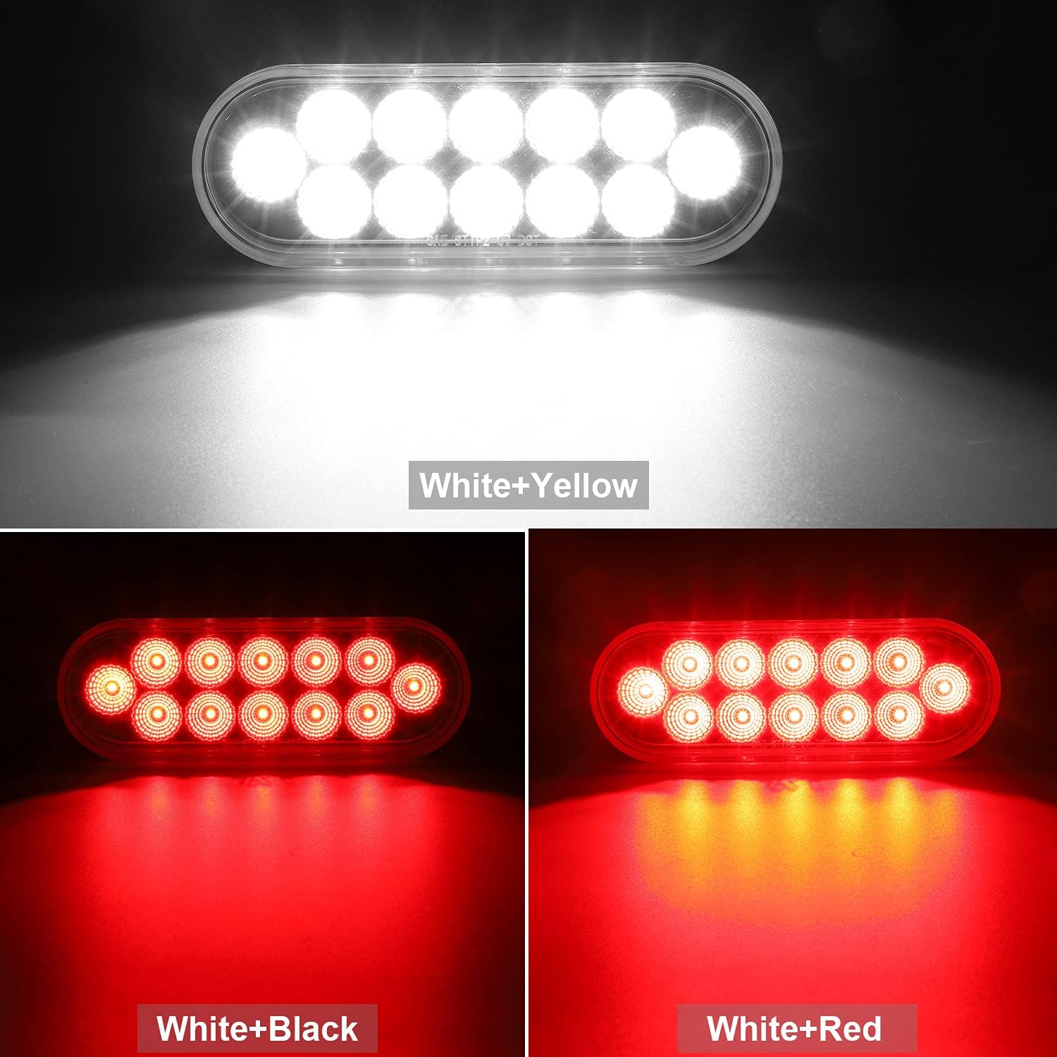 Partsam 2Pcs 6.7 Inch Oval Red Stop Turn Tail Lights and White Backup Lights Kit 12 Diodes w/Rubber Grommets & 3-Prong Wire Pigtails, Dual Color Led Truck Trailer Tail Lights and Reverse Lights