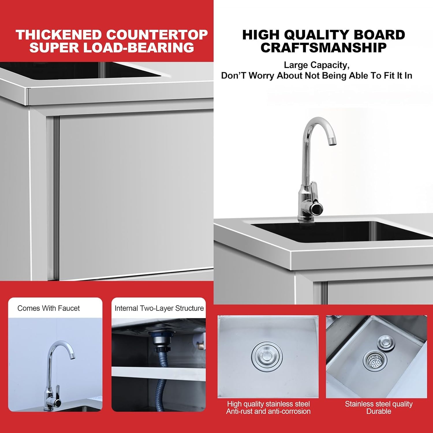 Sinks Outdoor Utilities Laundry Sink with Cabinet Stainless Steel Kitchen Sink with Workbench and Storage Shelves with Cold and Hot Water Tap for Laundry Room