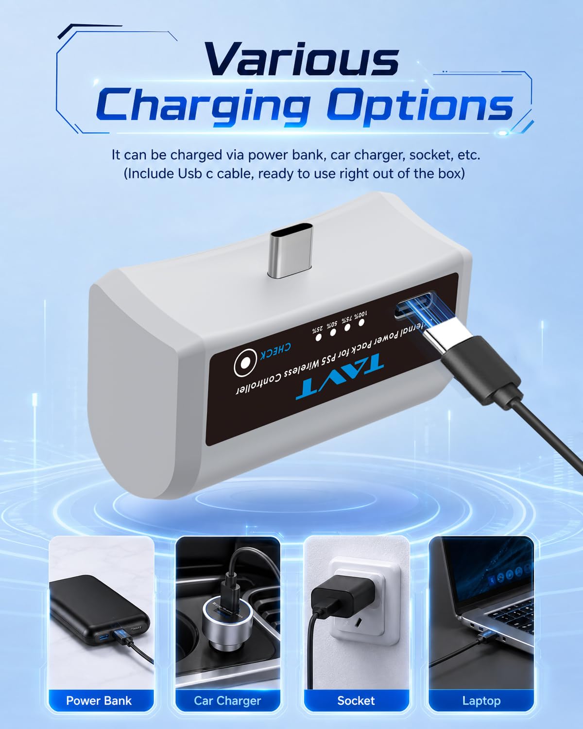 Batteria esterna per controller Sony PlayStation 5, PS5 Dualsense/Edge, batteria ricaricabile con indicatore LED e cavo di ricarica USB-C