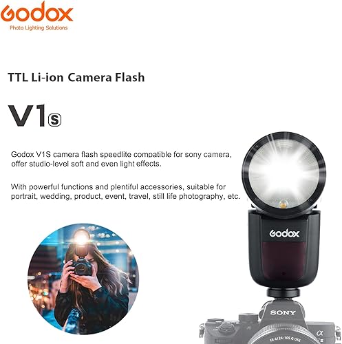 Miniatura 2 de GODOX V1 V1-S Flash para Sony, 76Ws 2.4G TTL Speedlite para Sony HSS 18000s, 480 tomas de potencia completa, batería recargable de iones de litio,
