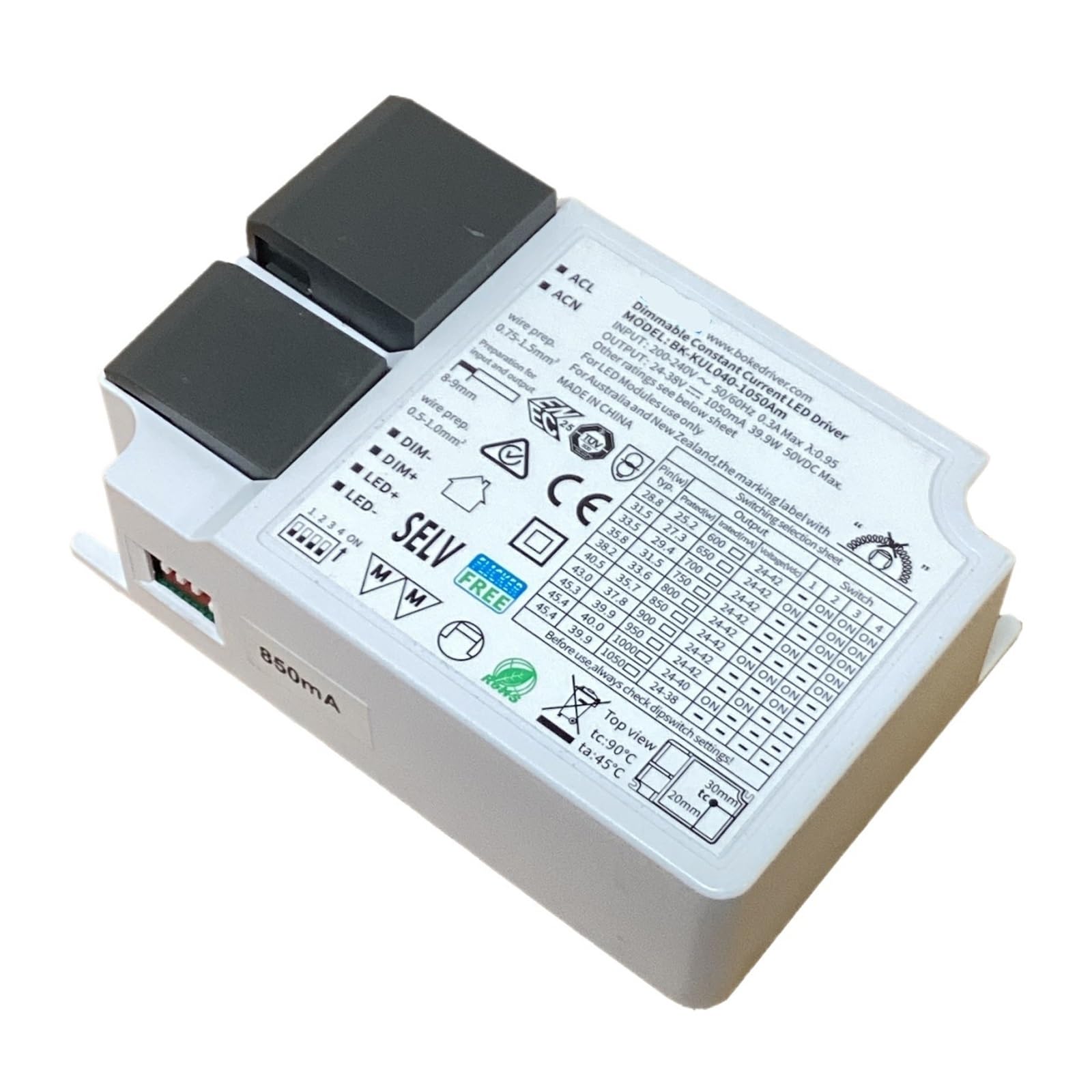 Dimmable 40W LED Driver PWM Dimming Tranformer(Constant Current 600mA-1050mA, Output Voltage 24-42V, 1-10V Dimming,DIP Switch)