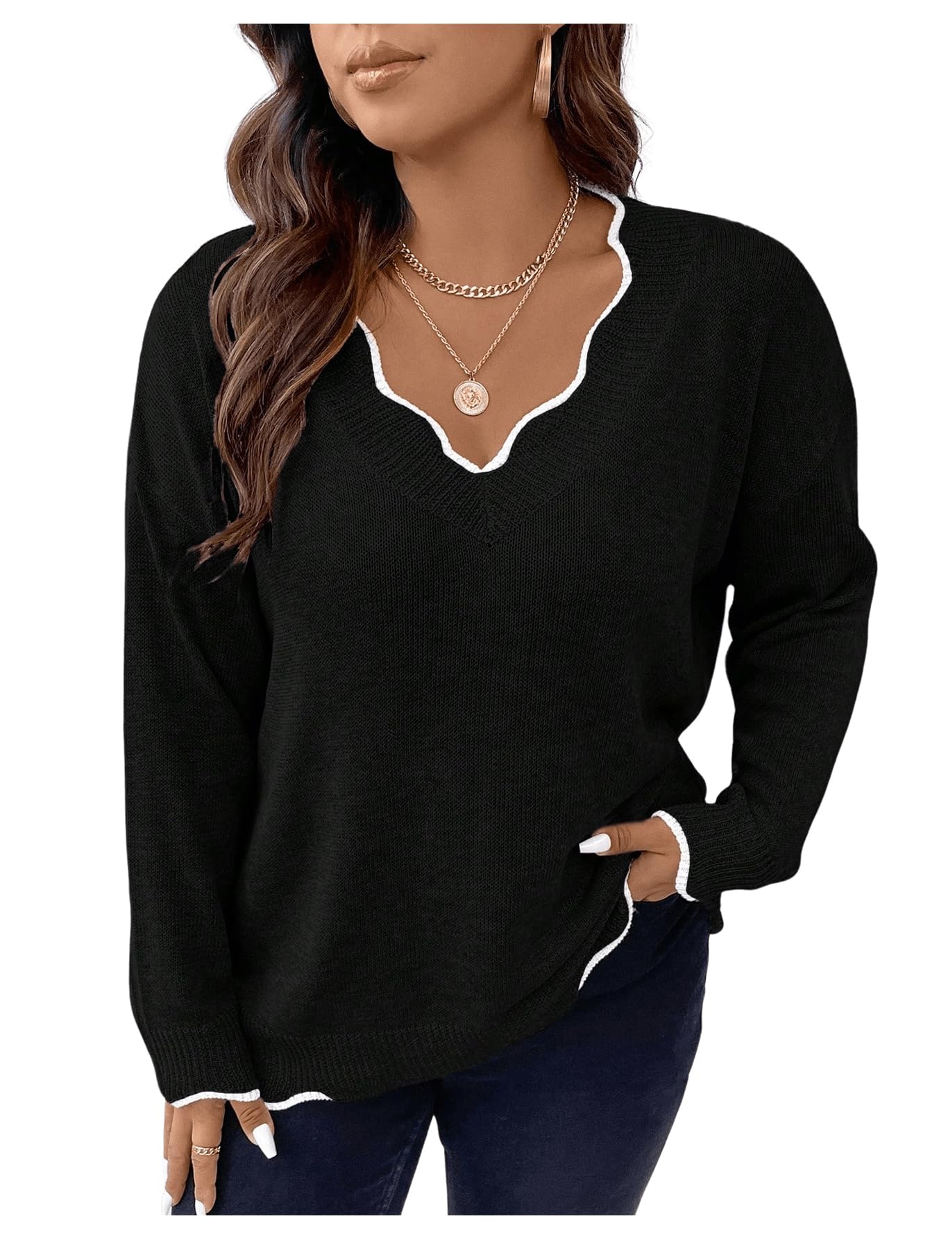 MakeMeChic Womens Plus Size Long Sleeve Sweaters Scalloped V Neck Knit Cozy Sweater Pullover