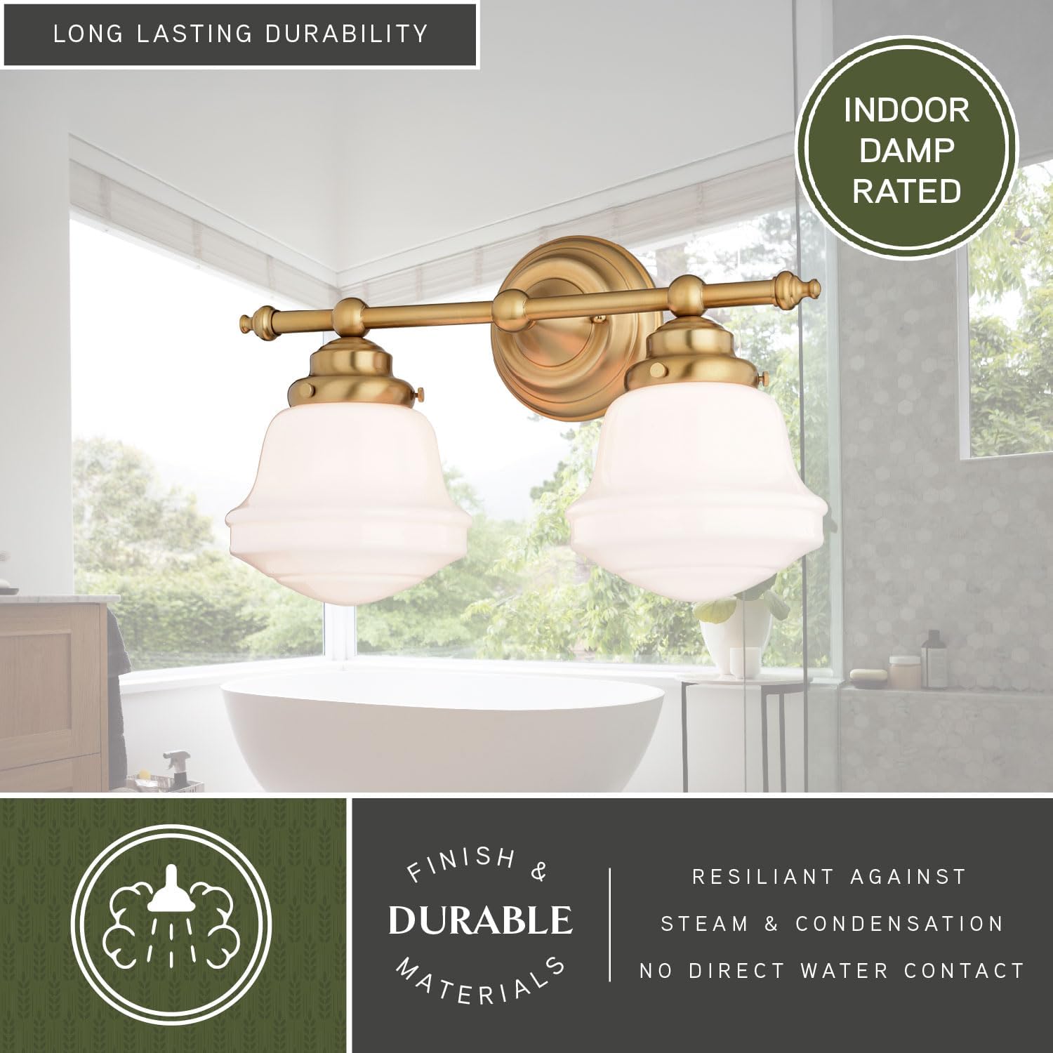 VAXCEL Huntley 2-Light 16 inch Wide Natural Brass Gold Farmhouse Bathroom Vanity Lighting Fixture, White Schoolhouse Milk Glass Globe Shade, Dimmable, LED Compatible, Over The Mirror Wall Mounted