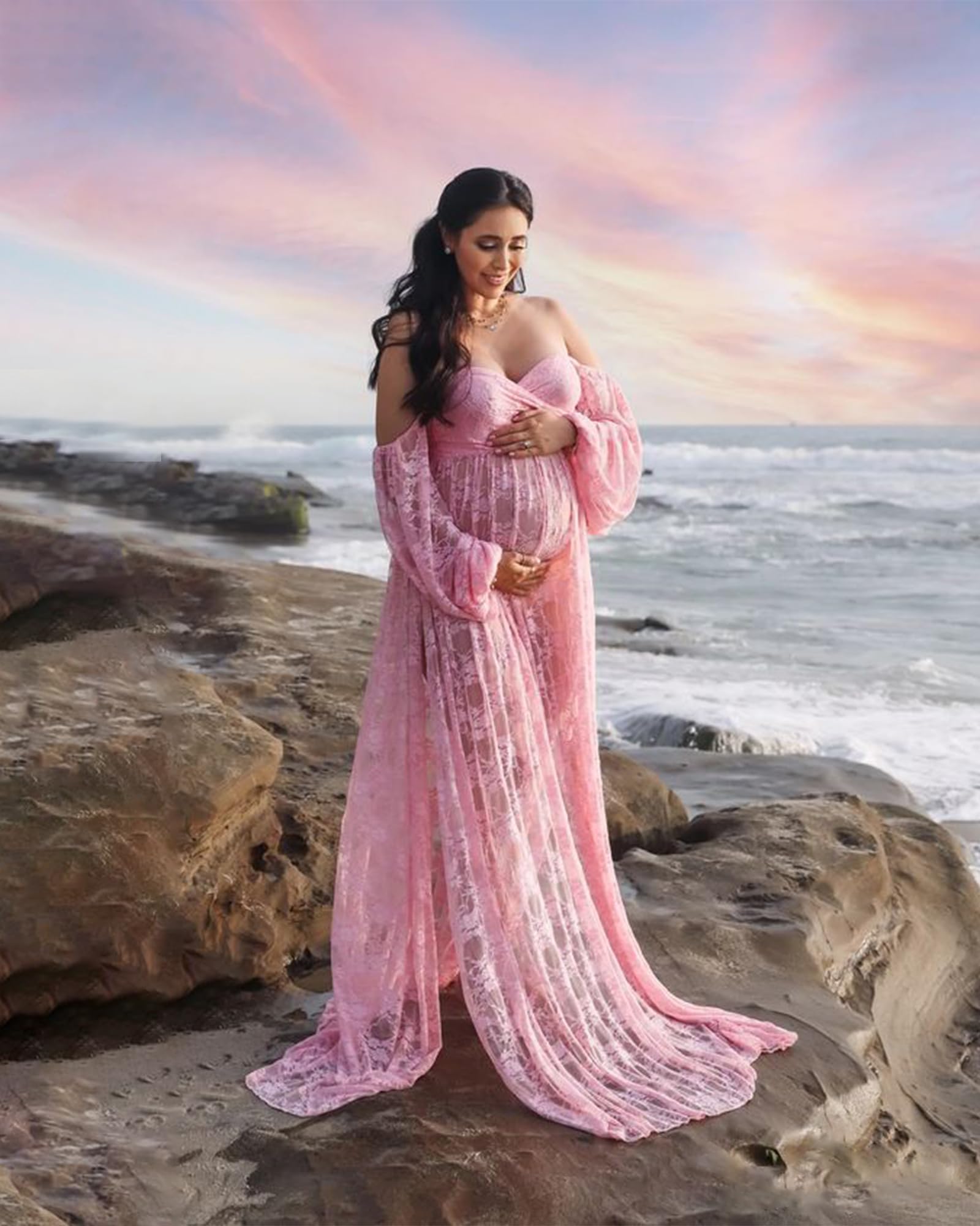 Saslax Weiche, dehnbare Spitze, schulterfrei, doppelt geteilter A-Linien-Rock, Umstandskleid, Schwangerschaftskleid, Maxikleid für Fotoshootings
