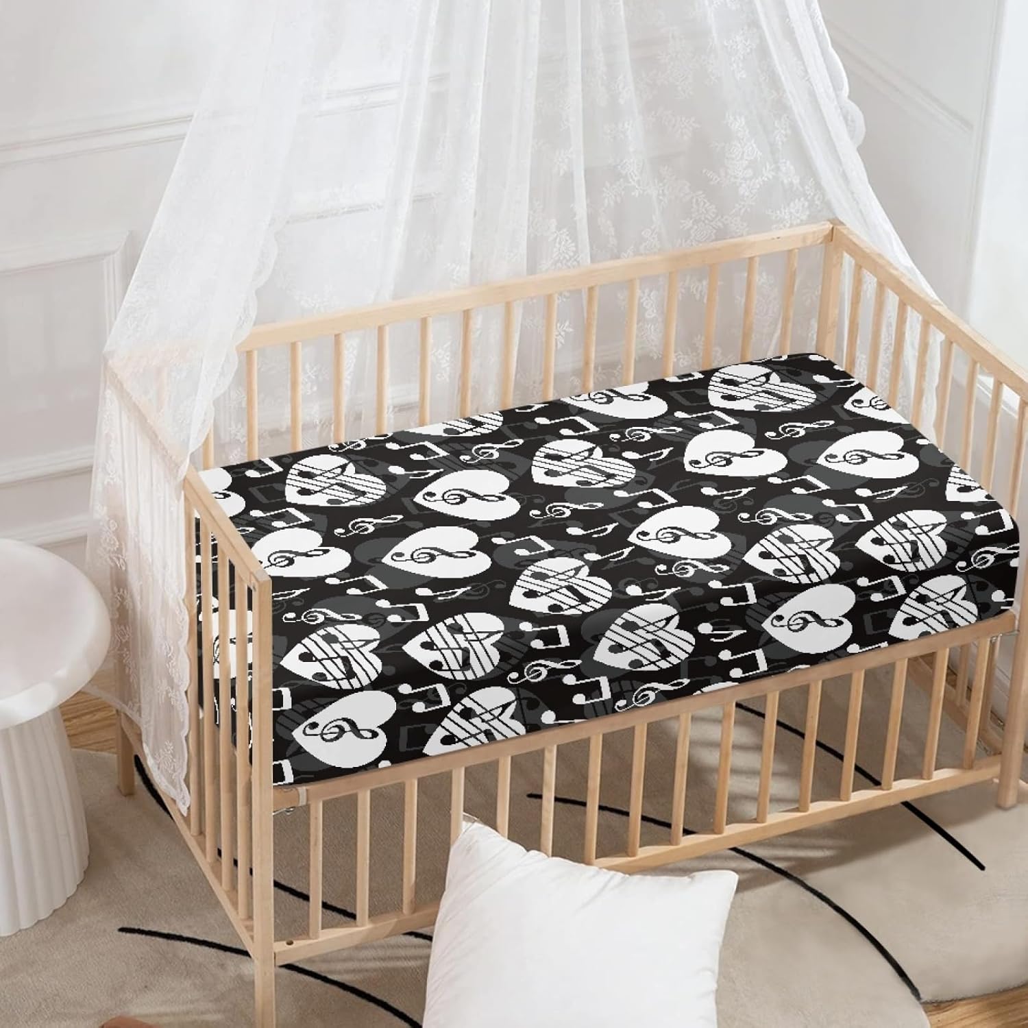 Love Music Notes Baby Crib Sheets for Boys Girls Black Fitted Crib Sheet for Standard Crib and Toddler Mattress Cute Baby Mattress Sheets Toddler Bed Sheet 52x28x8 in
