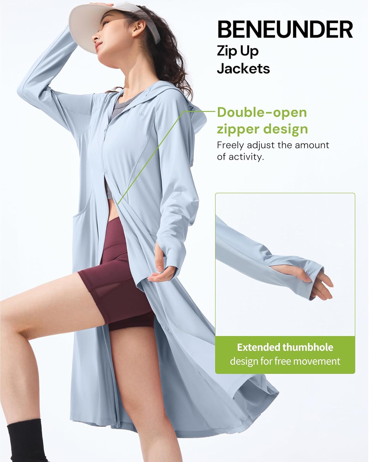 BENEUNDER Upgraded UPF50+ Sun Protection Women's Long Lightweight Hoodie Jacket Active Sun Shirts for Outdoor Hiking Workout