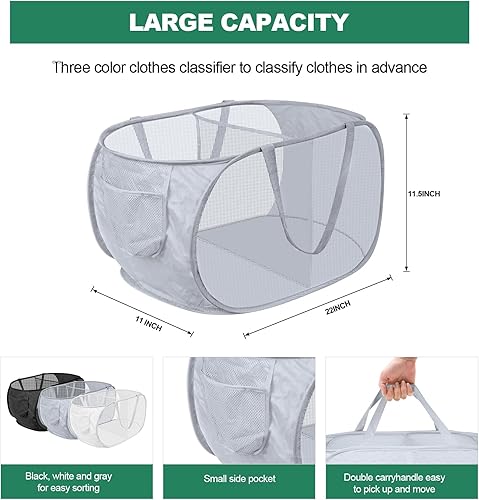 Miniatura 2 de Cesto de lavandería desplegable de 3 piezas, cesta de malla plegable, 2 compartimentos, cestas plegables de malla para lavandería, bolsa plegable