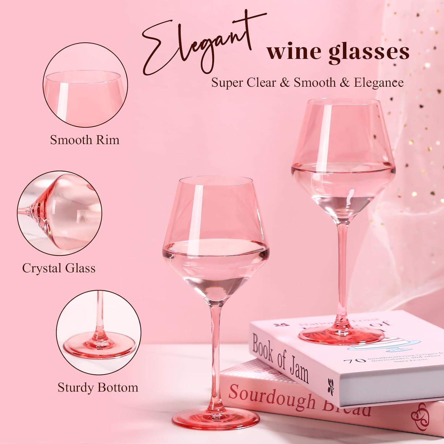 Pink Wine Glasses Set of 6, Hand Blown Large Colored Wine Glass 17.5Oz, Lead-Free Premium Crystal Long Stem Red Wine Glass, Daily Use, Wedding Anniversary or Mother's Day gift - Image 6
