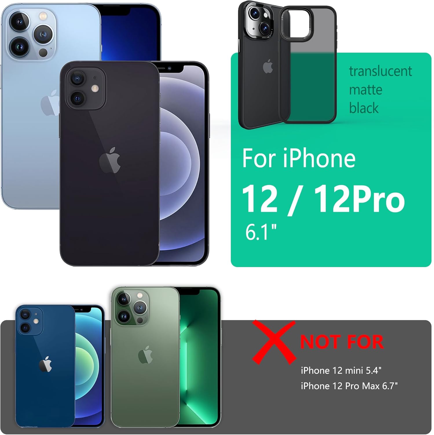 ONES for iPhone 12/12 Pro Case, Matte Black Phone Case, Translucent Hard PC Cover & Black Silicone Bumper, Military Grade, Shockproof Airbag, Anti-Yellow, Scratch-Resistant, Thin Case - Image 2