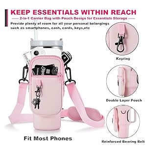 BULKITEM Water Bottle Carrier Bag with Phone Pocket for Stanley 40 & 30 oz Tumbler with Handle,Pink Insulated Neoprene Cup Holder Pouch w/Adjustable Strap for Quencher H2.0 Stanley Cup Accessories