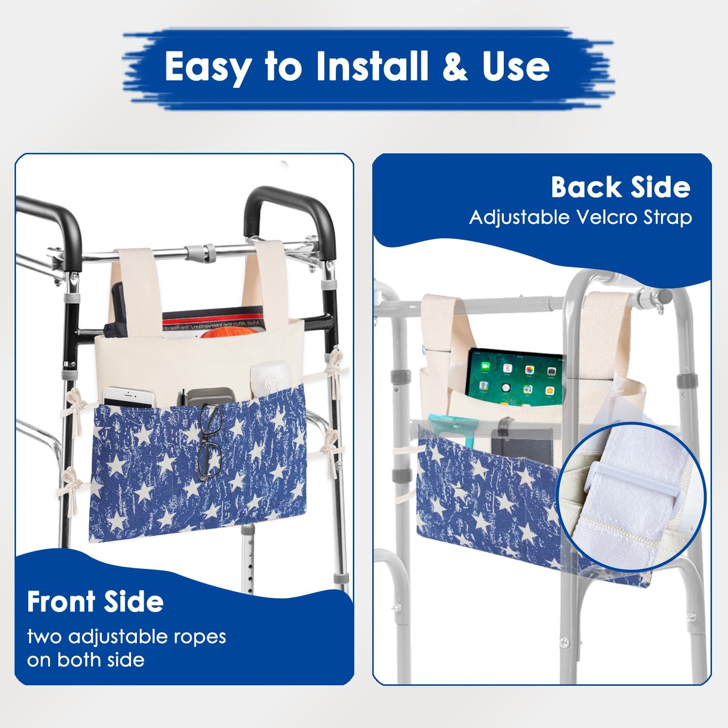 TOGETRUE Walker Bag, Handy Walker Basket with Water Cup Holder, Walker Storage Accessories Bag for Folding Walker, Wheelchairs, Strollers, 15"x11.5" (Blue) image 5