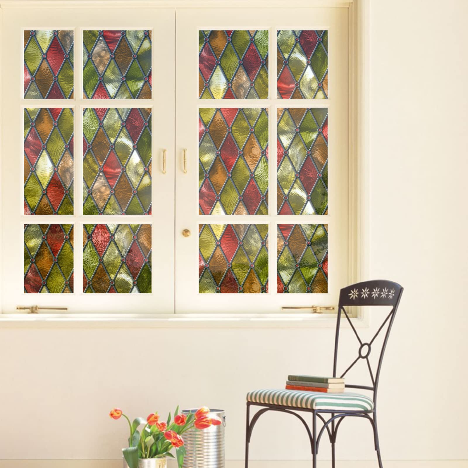 Opaque window film privacy film,Selbstklebend ohne Klebstoff Fensterfolie,Decorative Anti-UV Film,farbige Raute ,Privatsphäre Schutzfolie Matt Für Bad Büro Wohnzimmer(75cmx200cm)