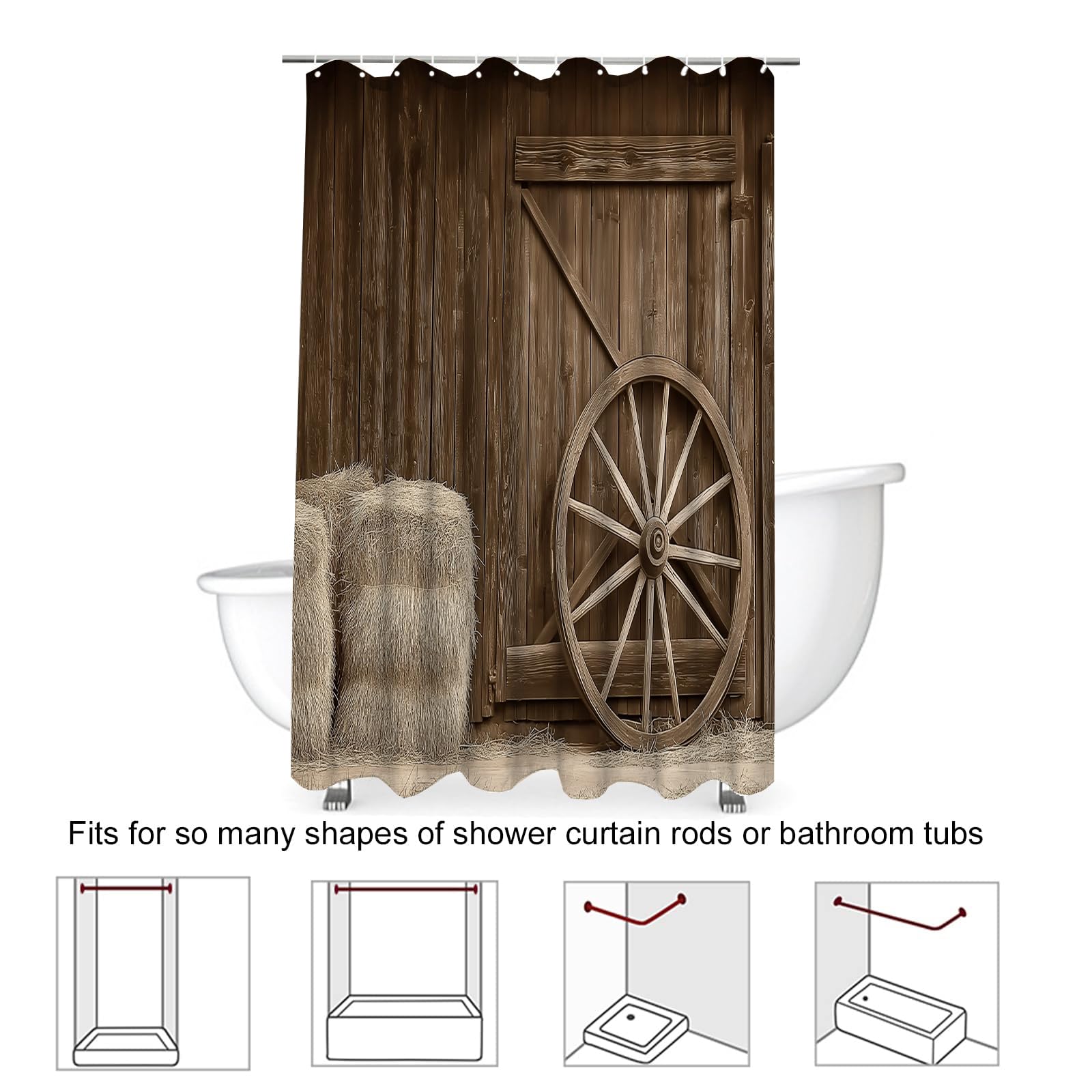 Rideau de Douche Porte En Bois À Roulettes Polyester Anti Moisissure Lavable Imperméable Tissu Rideaux de Douche Crochets en C Bâtiments Agricoles Salle de Bain Domicile Baignoire Cabine,Hôtel Tanné