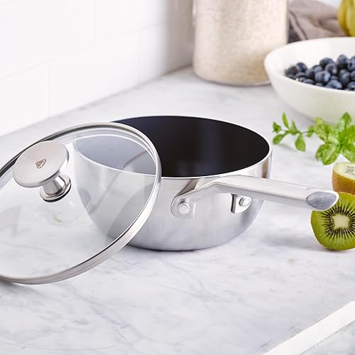 Miniatura 6 de Blue Diamond Cookware - Sartén antiadherente de cerámica de acero inoxidable de tres capas, 1.27 cuartos de galón con tapa, sin PFAS, revestimiento