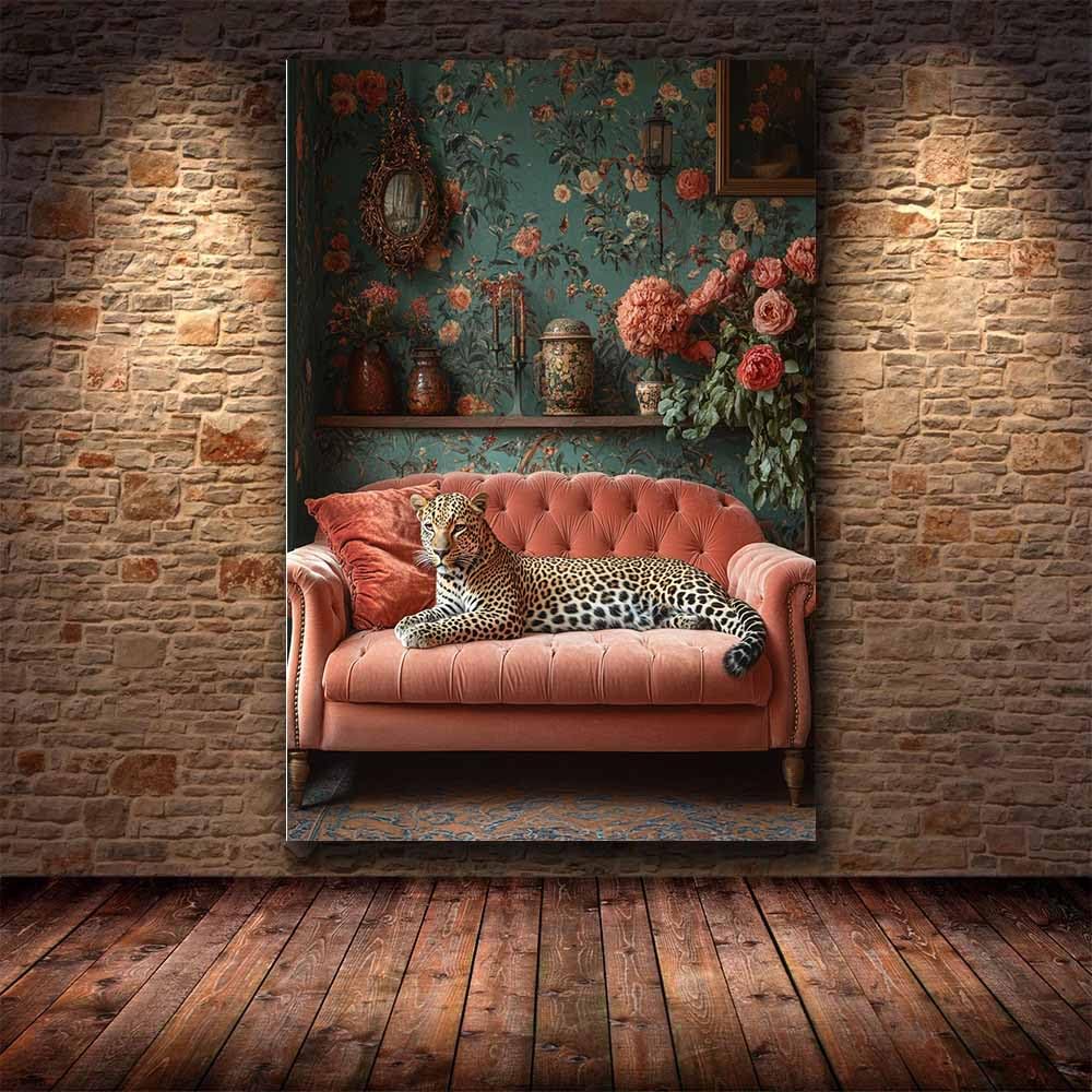 AMXBZC Affiche décorative chambre d'enfant Canapé Léopard Fleurs Moderne animaux de safari en afrique - Poster Images Murales - Décoration chambre de bébé(rouge)-80x120cm Sans cadre