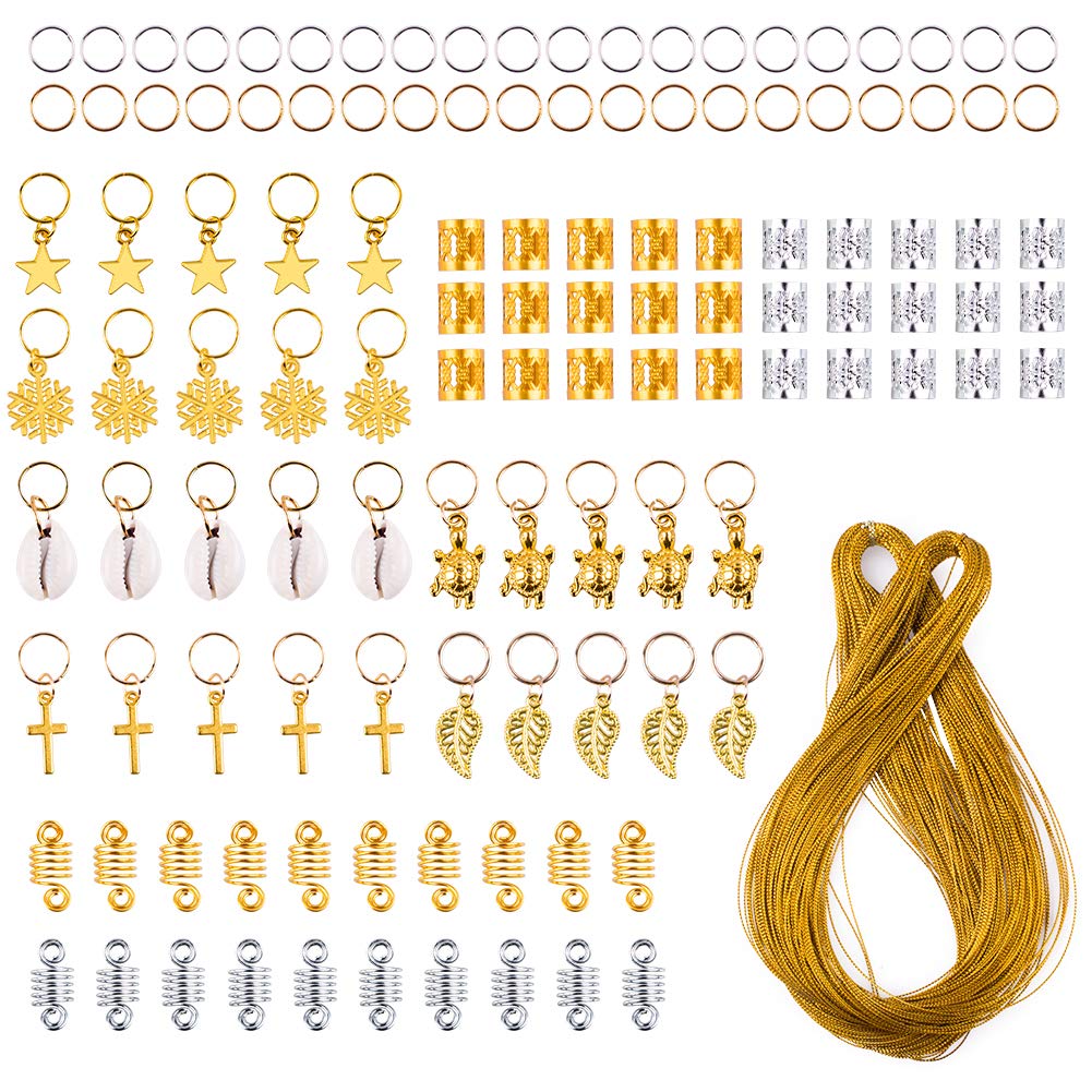 WXJ13 120 Pieces Hair Jewelry Rings Aluminum Hair Accessories Hair Rings and Cuffs Decorations Pendants with 100m Metallic Cord