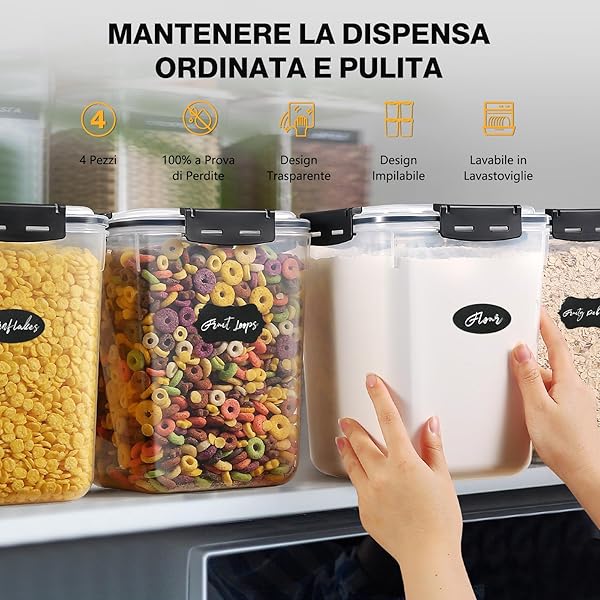 YASHE 5,3L Contenitori Ermetici per Alimenti Grandi 4pezzi, senza BPA Contenitore Plastica con Coperchio, Contenitori Alimentari per Cereali, Pasta, Muesli - 4