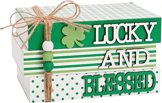 Valery Madelyn St Patricks Day Decorations, St Patricks Day Wooden Book Decor, Shamrock Decorations for Tiered Tray Shelf Coffee Table Side Table Home Office with Tassel and Beads, 5 inch