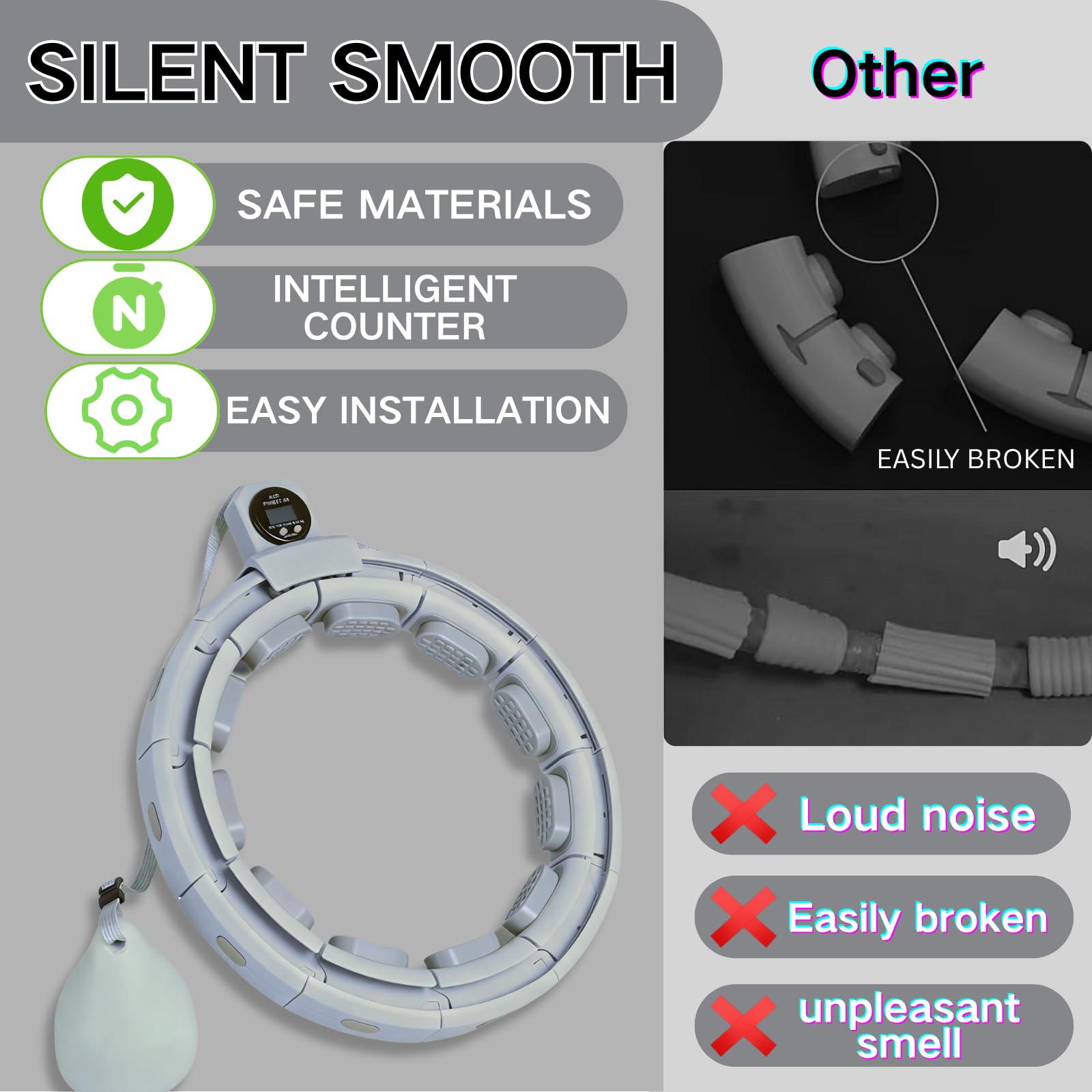 Cerceau intelligent et silencieux lesté, cerceau de fitness pour adultes, réglable de 76,2 à 127 cm, pour perte de poids, cerceau infini adapté pour les femmes et les débutants