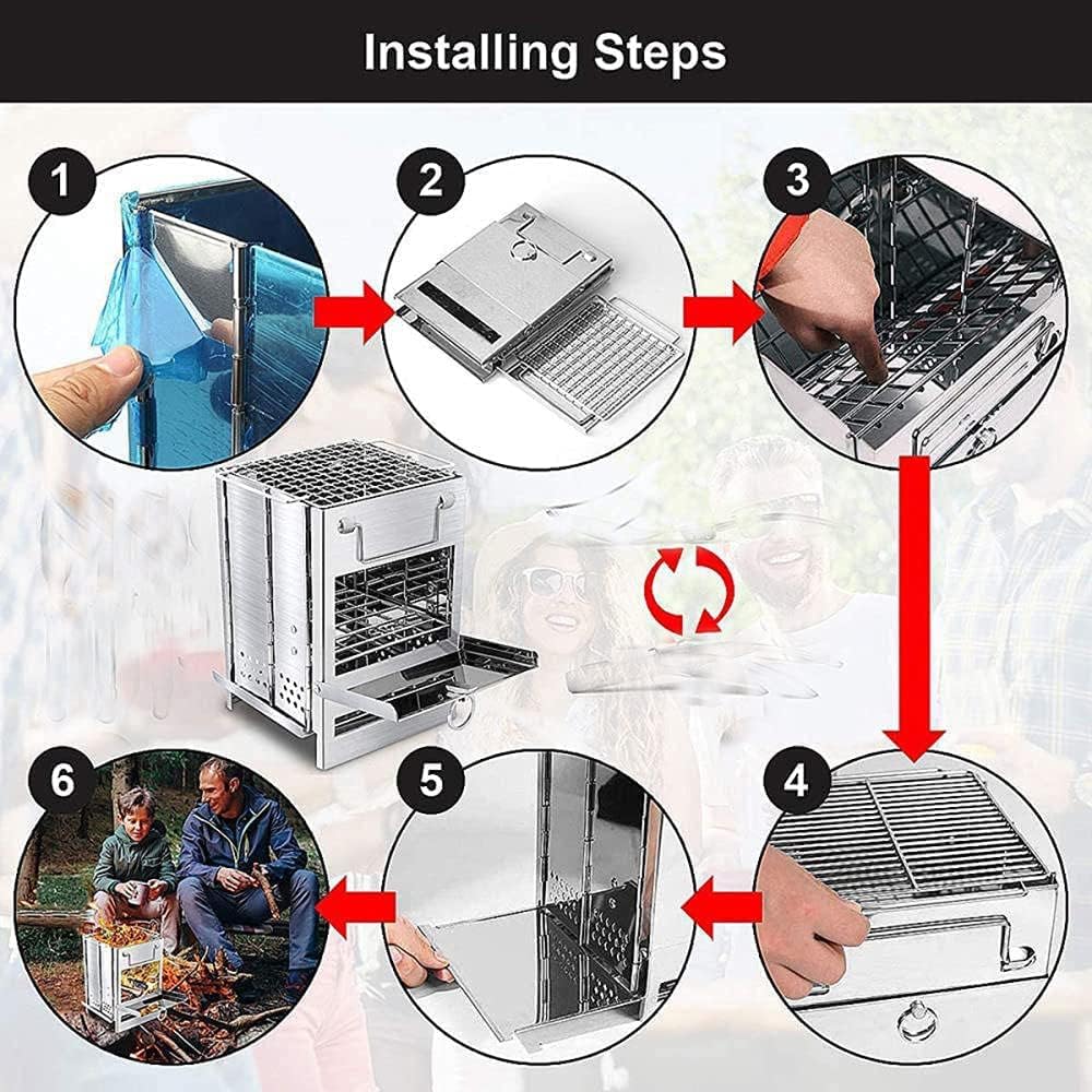 Fornello da campeggio, pieghevole, portatile, mini stufa a legna, in acciaio inox, leggera, per escursioni, picnic, barbecue