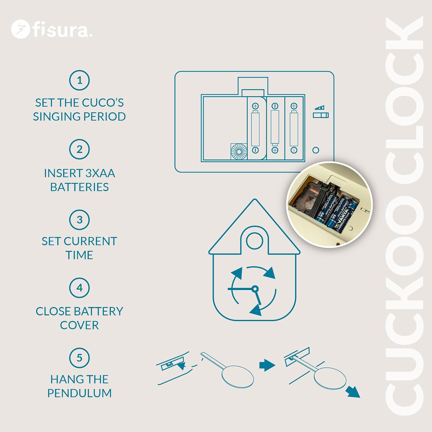 Fisura – Cuckoo Wall Clock with Color. Unique Analog Timepiece with Pendulum in ABS Plastic, Decorative Gift idea for Home. 8,5 x 3,1 x 16,3 inches. 3 AA Batteries (not Included). (Rainbow)