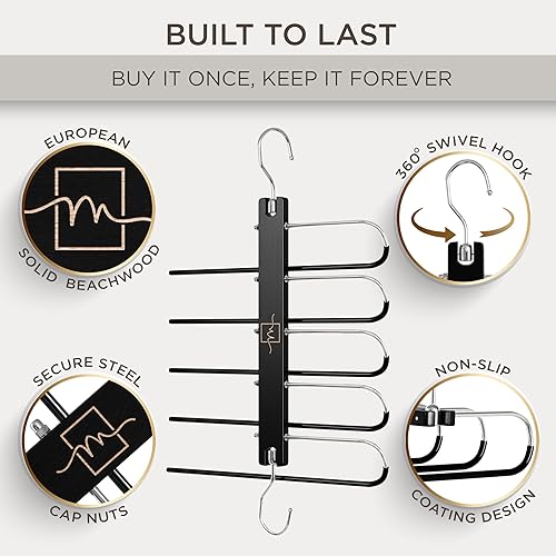 Vista 2 de MORALVE Perchas para pantalones que ahorran espacio – Perchas europeas de madera de haya y jeans – Organizador de armario y estante para pantalones