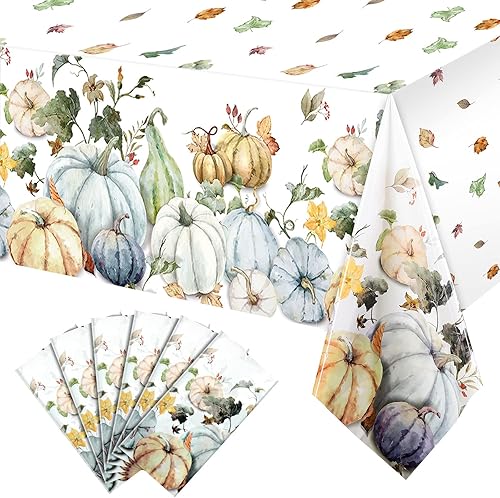 Miniatura 8 de Mantel de plástico con diseño de calabaza, hojas de cosecha de otoño, suministros de fiesta de Acción de Gracias, 54 x 108 pulgadas (paquete de 3)